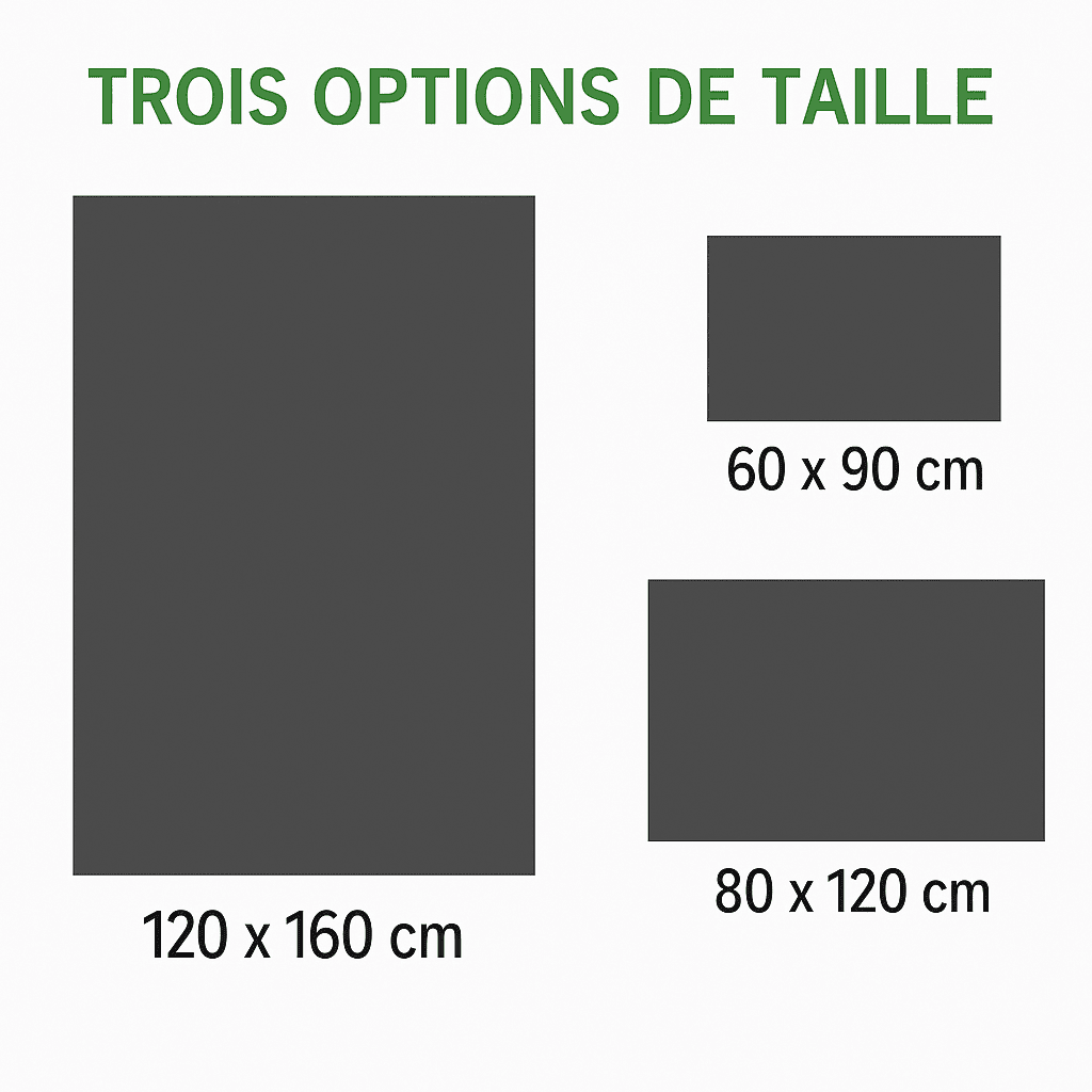 Diagramme montrant les trois tailles disponibles pour le tapis extérieur jardin : 60x90 cm, 80x120 cm et 120x160 cm.