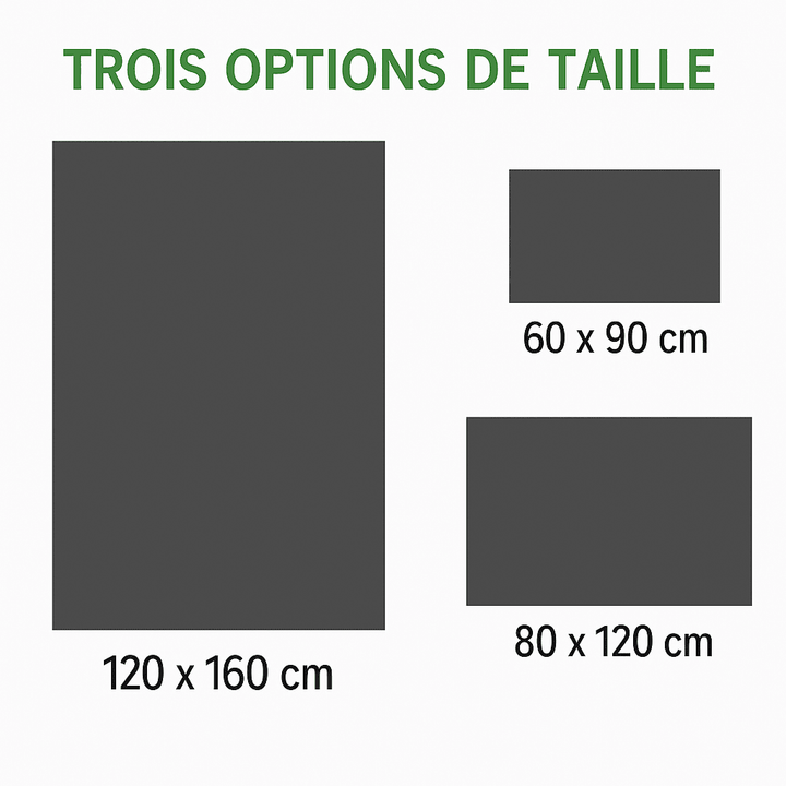 Diagramme montrant les trois tailles disponibles pour le tapis extérieur jardin : 60x90 cm, 80x120 cm et 120x160 cm.