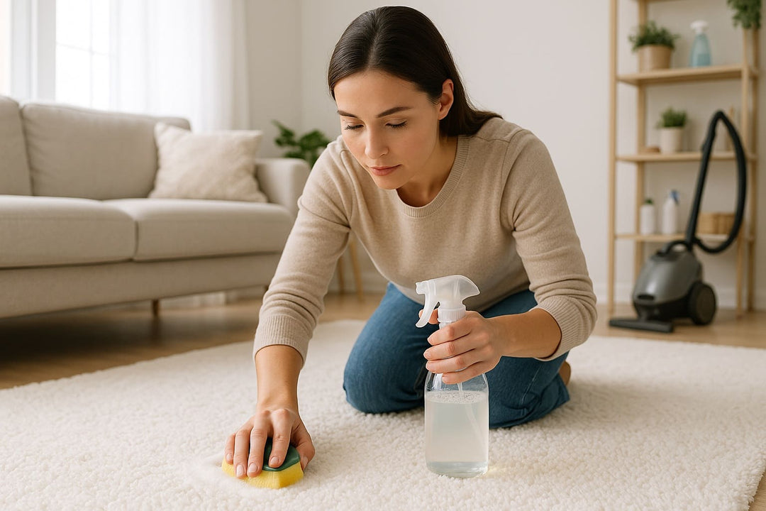 Une femme avec une éponge et dans l'aute main un produit entrain de nettoyer un tapis blanc