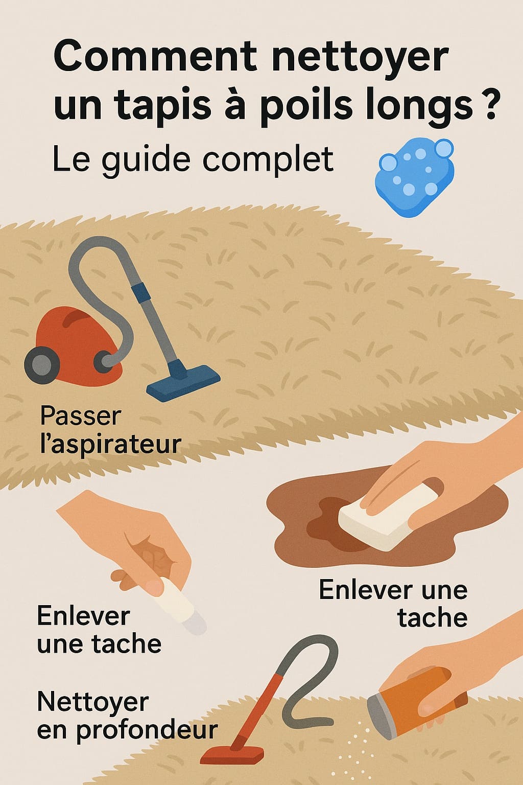 Guide de nettoyage pour tapis à poils longs avec icônes d'aspirateur, bicarbonate, éponge et étapes clés pour l'entretien, les taches et le nettoyage en profondeur.