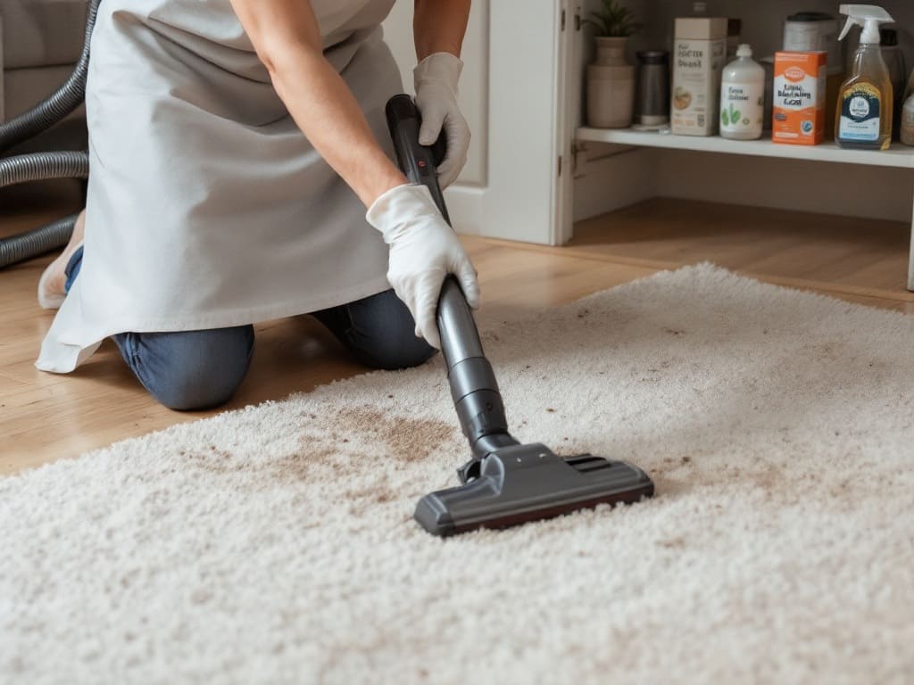 Une personne nettoyant un tapis avec un aspirateur, entourée de produits de nettoyage naturels comme le bicarbonate de soude et le vinaigre, illustrant les méthodes de nettoyage et d'entretien d'un tapis.