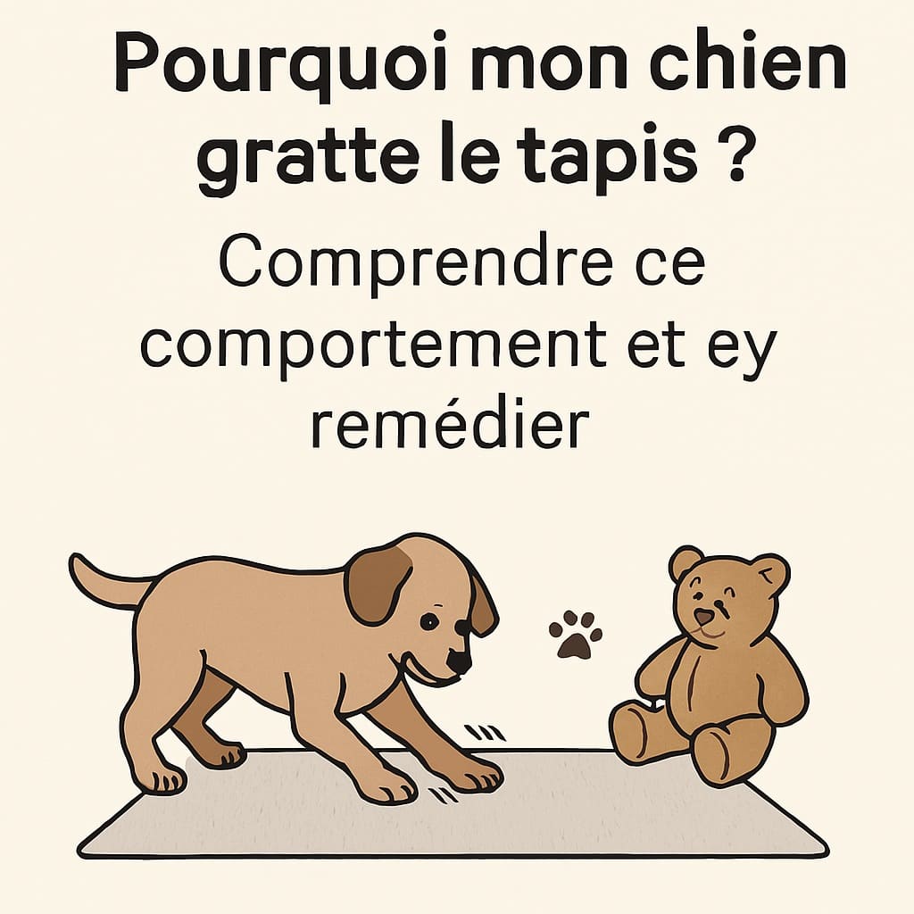 Un chien entrain de gratter un tapis avec un ours en peluche a coté acompagné du titre de l'article au mileu de l'image