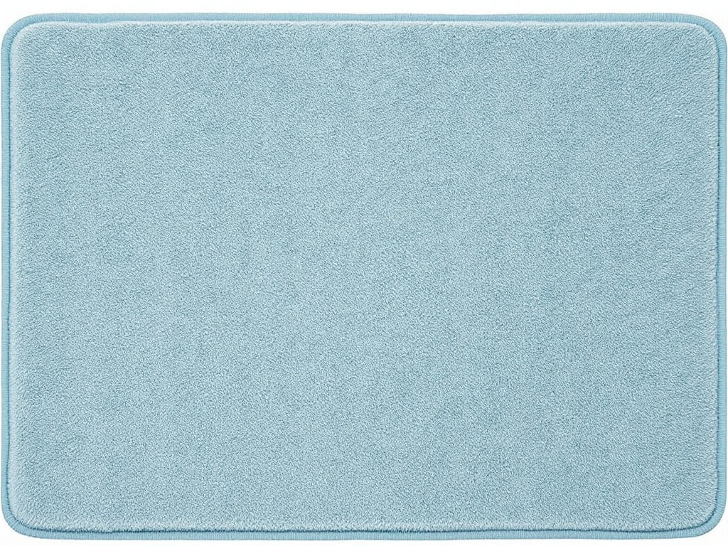 Tapis de bain bleu clair avec une texture moelleuse, posé sur un sol de salle de bain.