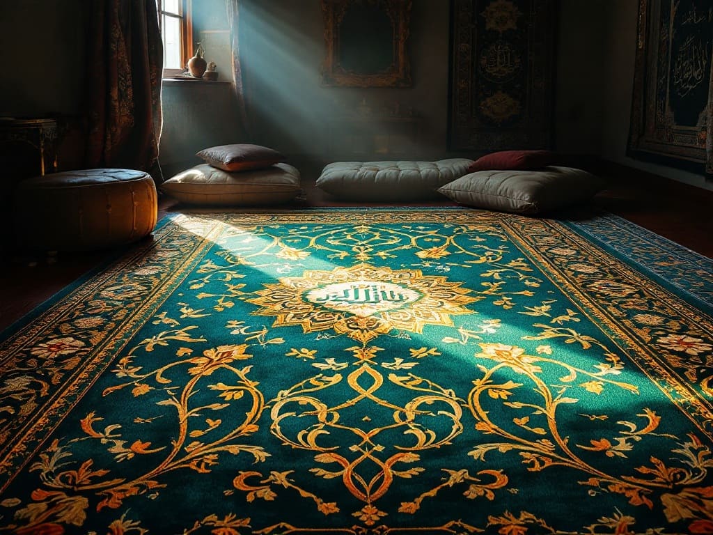 Tapis de prière bleu et or disposé dans une pièce éclairée par la lumière du soleil, avec des coussins et des éléments de décoration en arrière-plan
