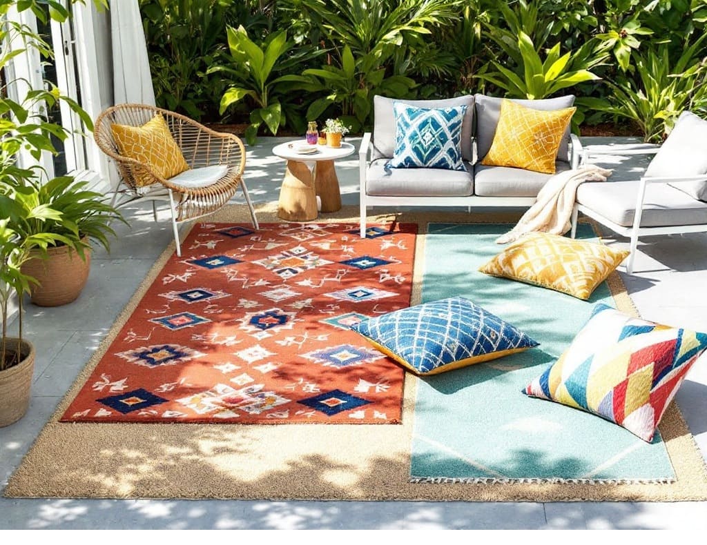 Collection de tapis d'extérieur disposés sur une terrasse avec des meubles de jardin et des plantes en arrière-plan