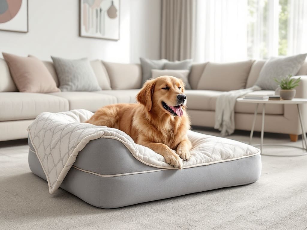 Chien confortablement allongé sur un tapis moelleux dans un salon moderne, avec une housse amovible pour un entretien facile