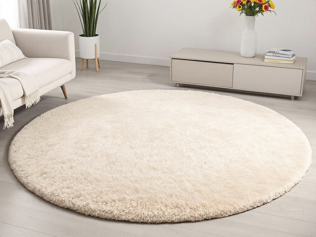 Tapis rond de couleur beige placé dans un salon moderne, avec un canapé blanc et une table basse en arrière-plan.