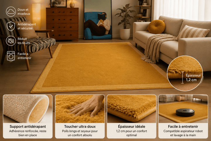 Présentation du tapis salon moutarde avec ses principales caractéristiques : douceur, confort, entretien facile et design élégant.