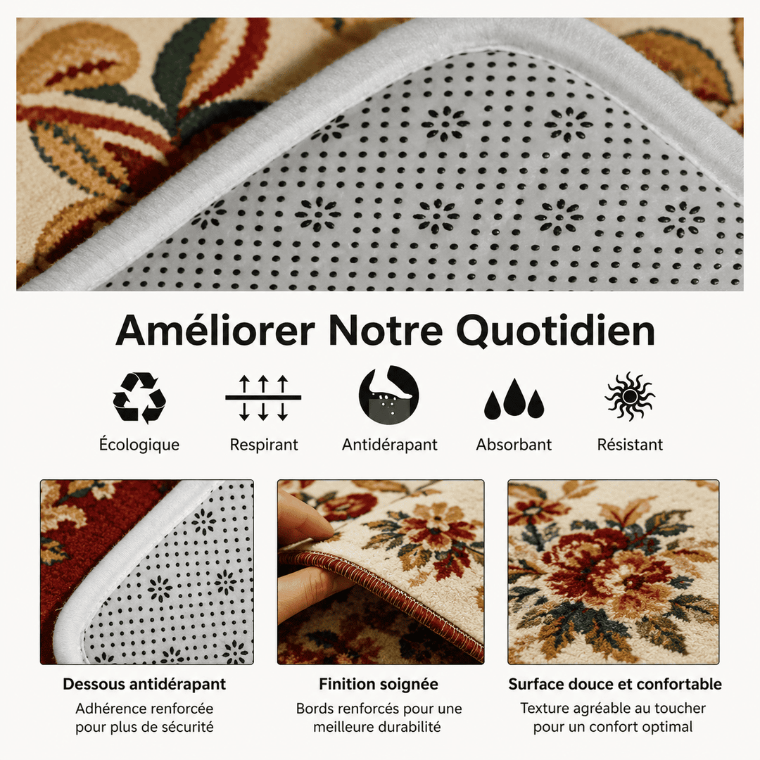 Détails du tapis salon beige et rouge avec dessous antidérapant, surface douce, finitions soignées et confort quotidien.