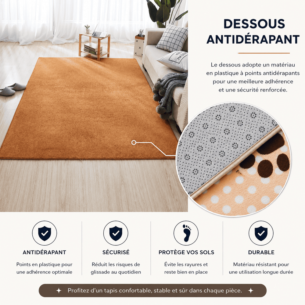 Dessous antidérapant du tapis salon couleur terracotta avec revêtement adhérent.