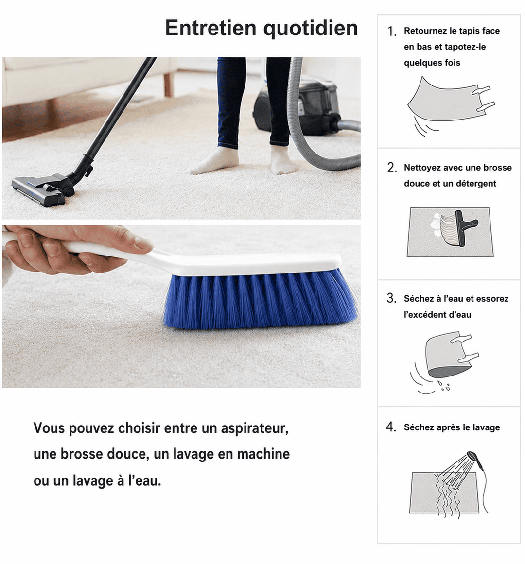 Conseils d'entretien pour tapis salon ancien comprenant aspiration, nettoyage doux et séchage afin de préserver son élégance.