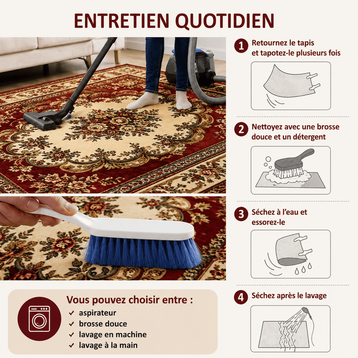 Conseils d'entretien du tapis salon beige et rouge avec aspiration, nettoyage doux et séchage pour préserver son élégance.