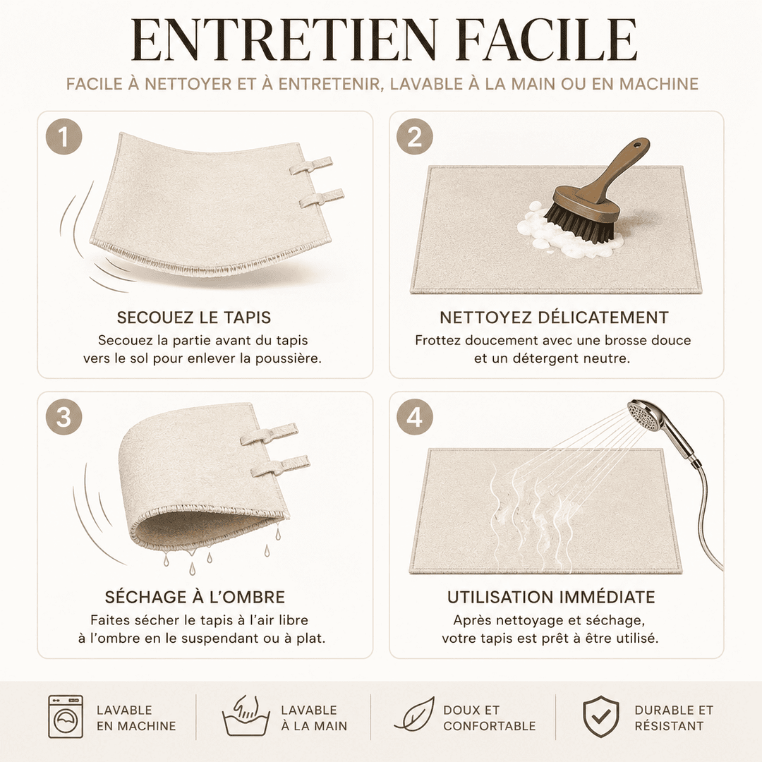 Guide d'entretien du tapis écru salon 200x300 lavable à la main ou en machine avec conseils de nettoyage et de séchage.
