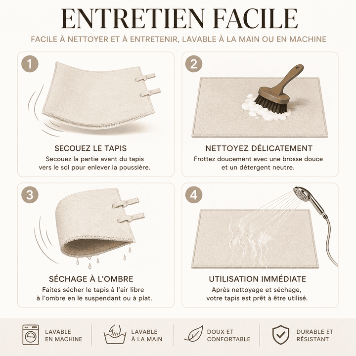 Guide d'entretien du tapis écru salon 200x300 lavable à la main ou en machine avec conseils de nettoyage et de séchage.