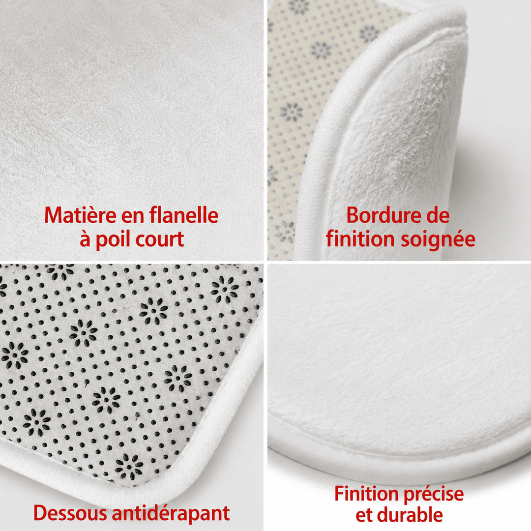 Détails des finitions du tapis oriental avec surface douce, coutures renforcées et dessous antidérapant pour plus de stabilité.