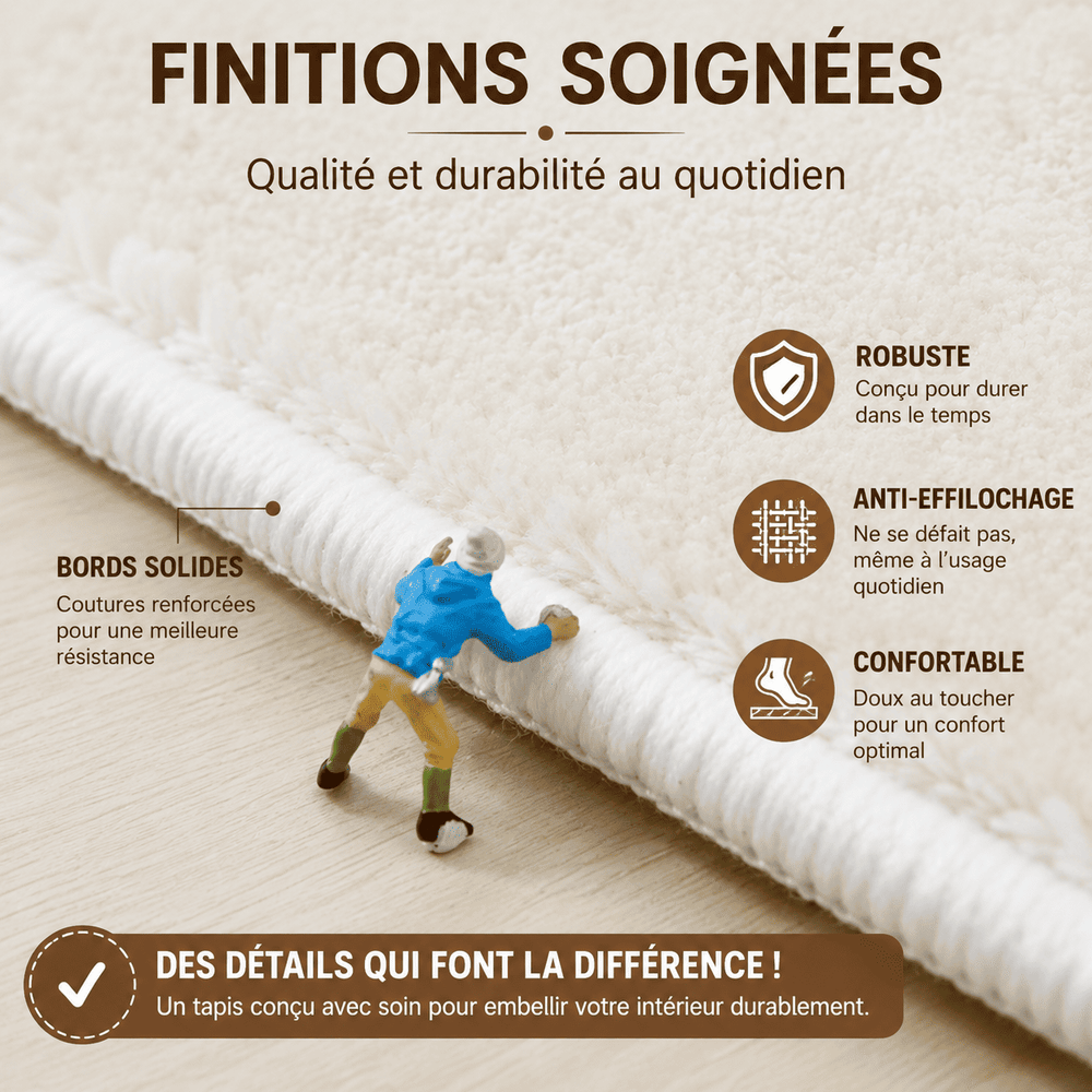 Détails des finitions renforcées du tapis salon moderne 160x230 avec bords résistants et conception durable.