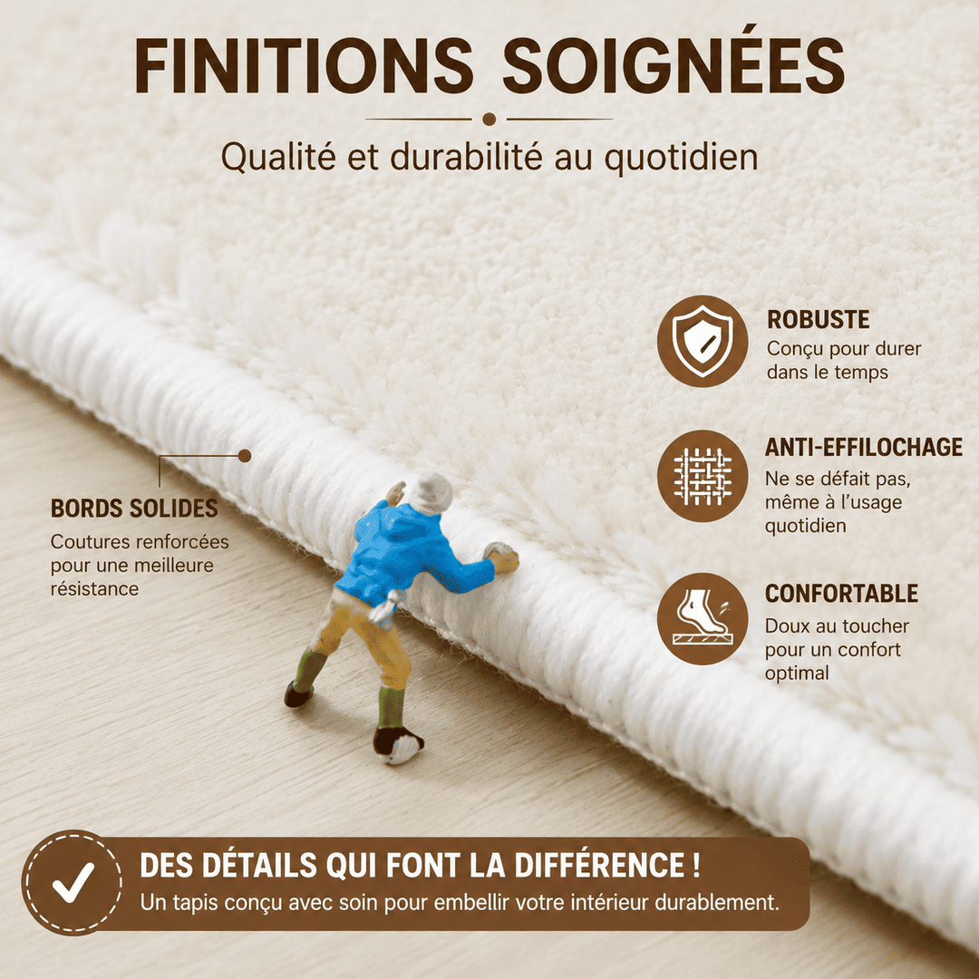 Détails des finitions renforcées du tapis salon moderne 160x230 avec bords résistants et conception durable.