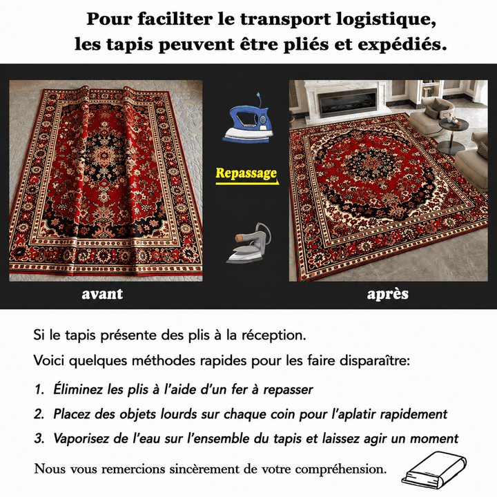 Guide explicatif pour éliminer les plis d'un tapis persan rouge après transport et retrouver une surface parfaitement plane.
