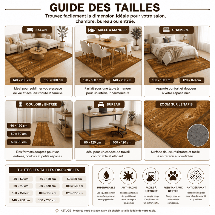 Guide des dimensions du tapis salon couleur bois pour salon, chambre, bureau, entrée et différents espaces de la maison.
