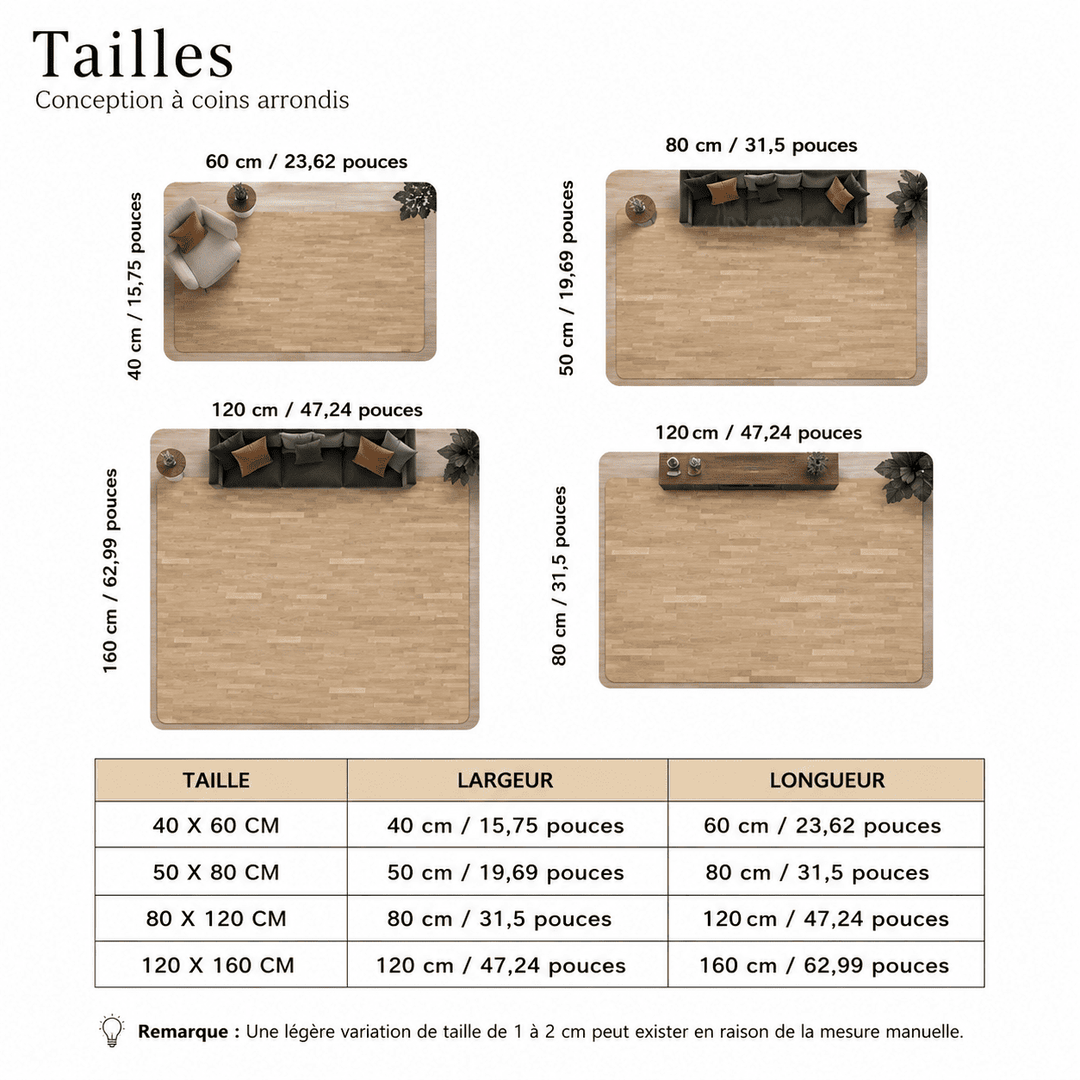 Guide des dimensions disponibles du tapis salon effet bois pour salon, chambre, bureau, entrée, couloir et autres espaces de la maison.