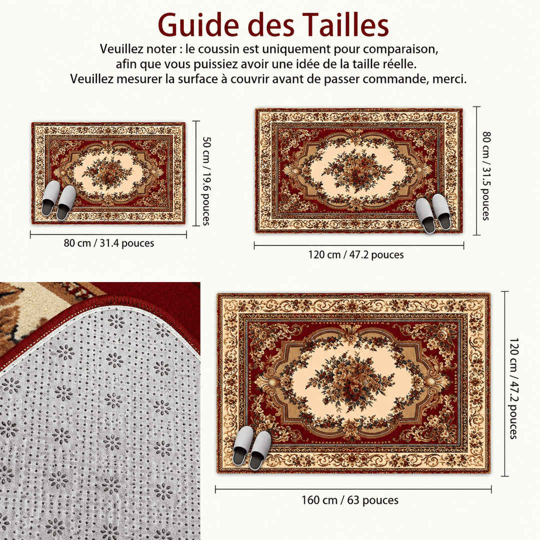 Guide des dimensions du tapis salon beige et rouge permettant de choisir la taille adaptée à chaque espace de vie.