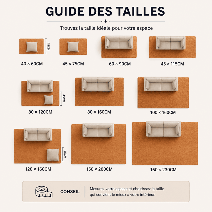 Guide des dimensions du tapis salon couleur terracotta disponible en plusieurs tailles.