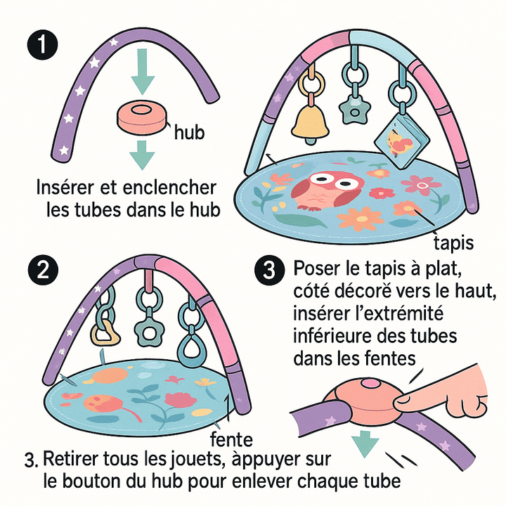 Guide en trois étapes illustré pour monter et démonter un tapis d’éveil bébé