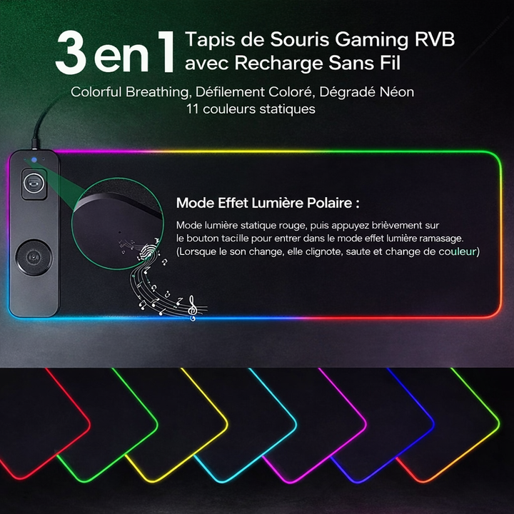 Tapis de souris recharge sans fil avec 11 modes RGB, effet néon et éclairage personnalisable.