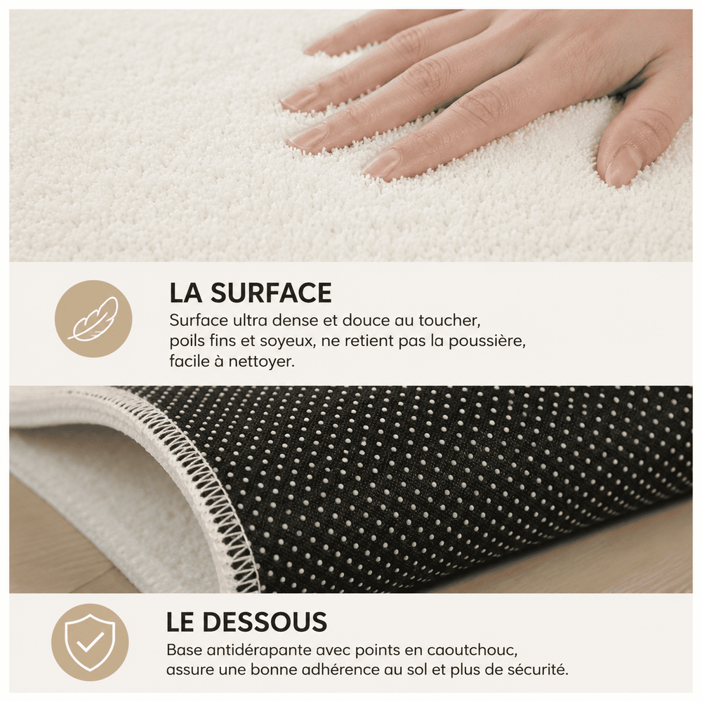 Surface douce et dessous antidérapant du tapis écru salon 200x300 pour un confort optimal au quotidien.