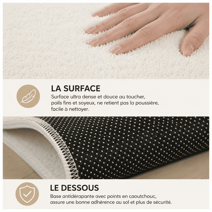 Surface douce et dessous antidérapant du tapis écru salon 200x300 pour un confort optimal au quotidien.
