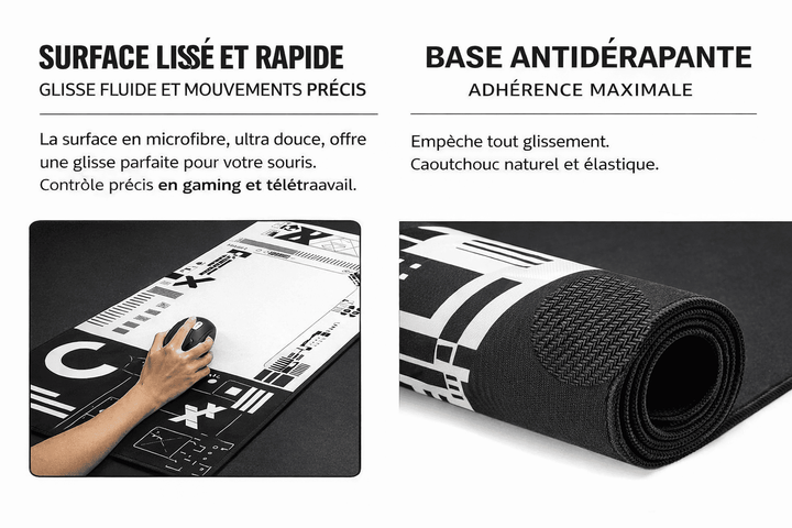 Détail du tapis de souris noir et blanc montrant la surface lisse et la base en caoutchouc antidérapante