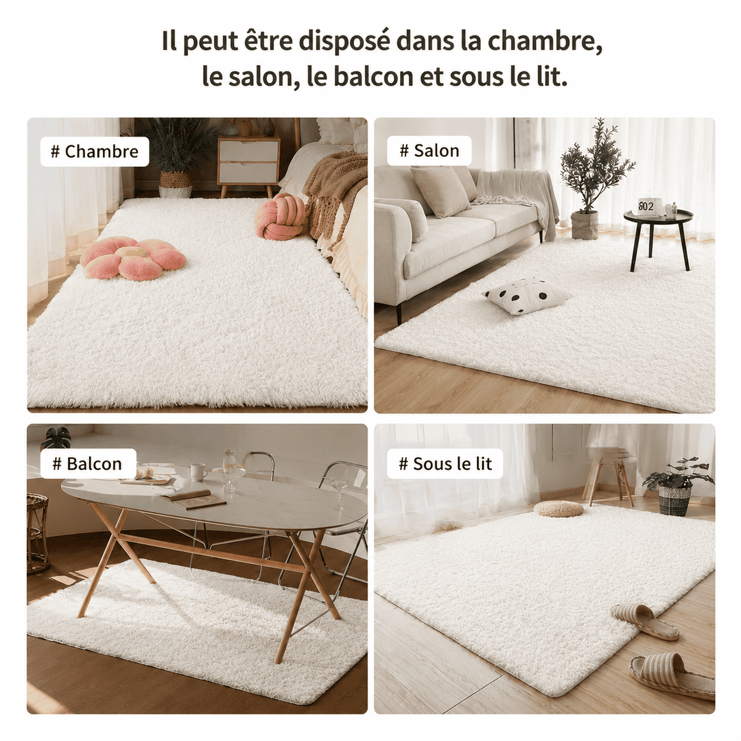 Grand tapis blanc moelleux adapté au salon, à la chambre, au coin lecture ou à l’espace détente pour une décoration élégante.