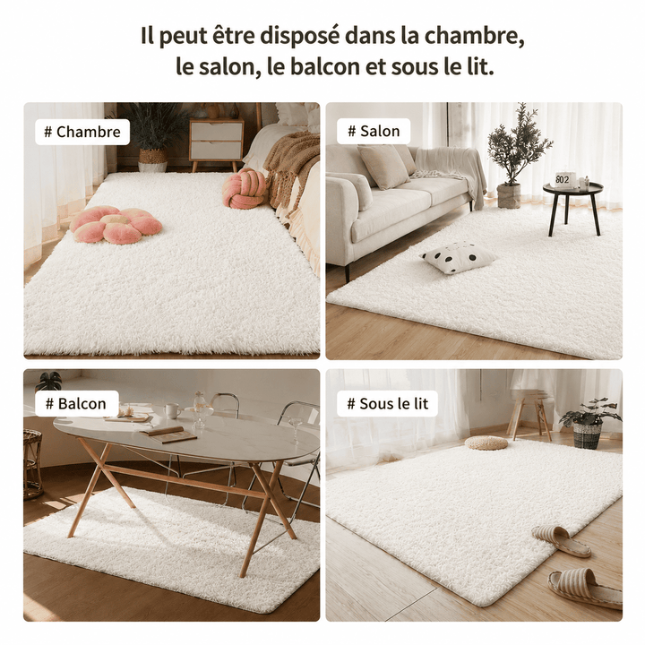 Grand tapis blanc moelleux adapté au salon, à la chambre, au coin lecture ou à l’espace détente pour une décoration élégante.