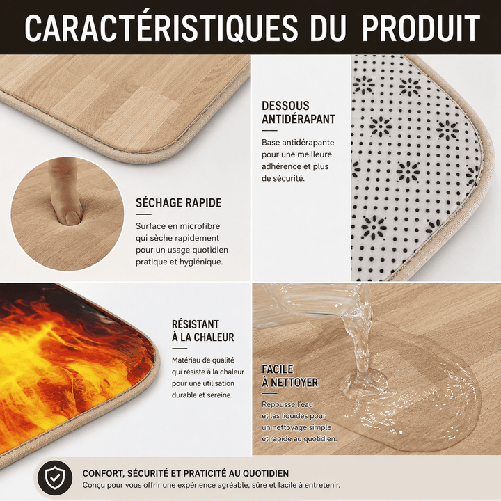 Caractéristiques du tapis salon effet bois avec mousse confortable, dessous antidérapant, séchage rapide et entretien facile.