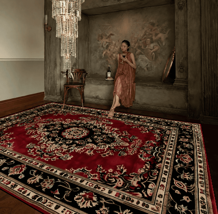 Grand tapis oriental rouge et noir au style vintage persan apportant élégance et caractère à une décoration raffinée.