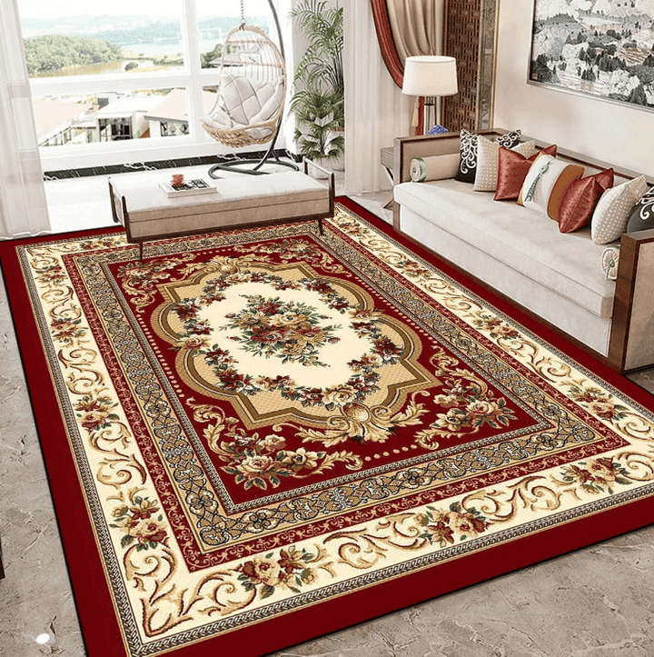 Tapis salon beige et rouge style persan avec motifs orientaux élégants installé dans un salon lumineux et raffiné.