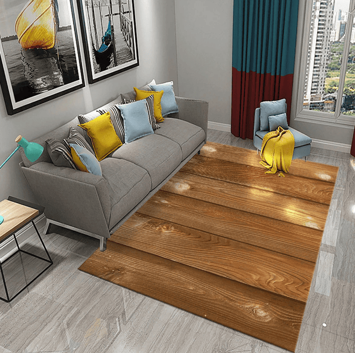 Tapis salon couleur bois effet parquet installé dans un salon moderne avec canapé gris pour une décoration chaleureuse et originale.