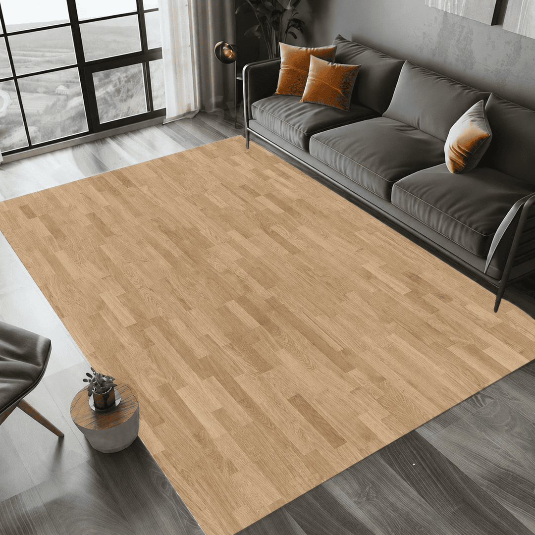 Tapis salon effet bois imitation parquet installé dans un salon moderne pour créer une décoration chaleureuse, élégante et naturelle.