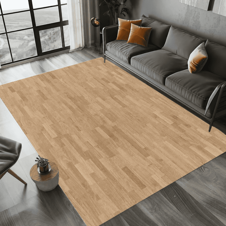Tapis salon effet bois imitation parquet installé dans un salon moderne pour créer une décoration chaleureuse, élégante et naturelle.