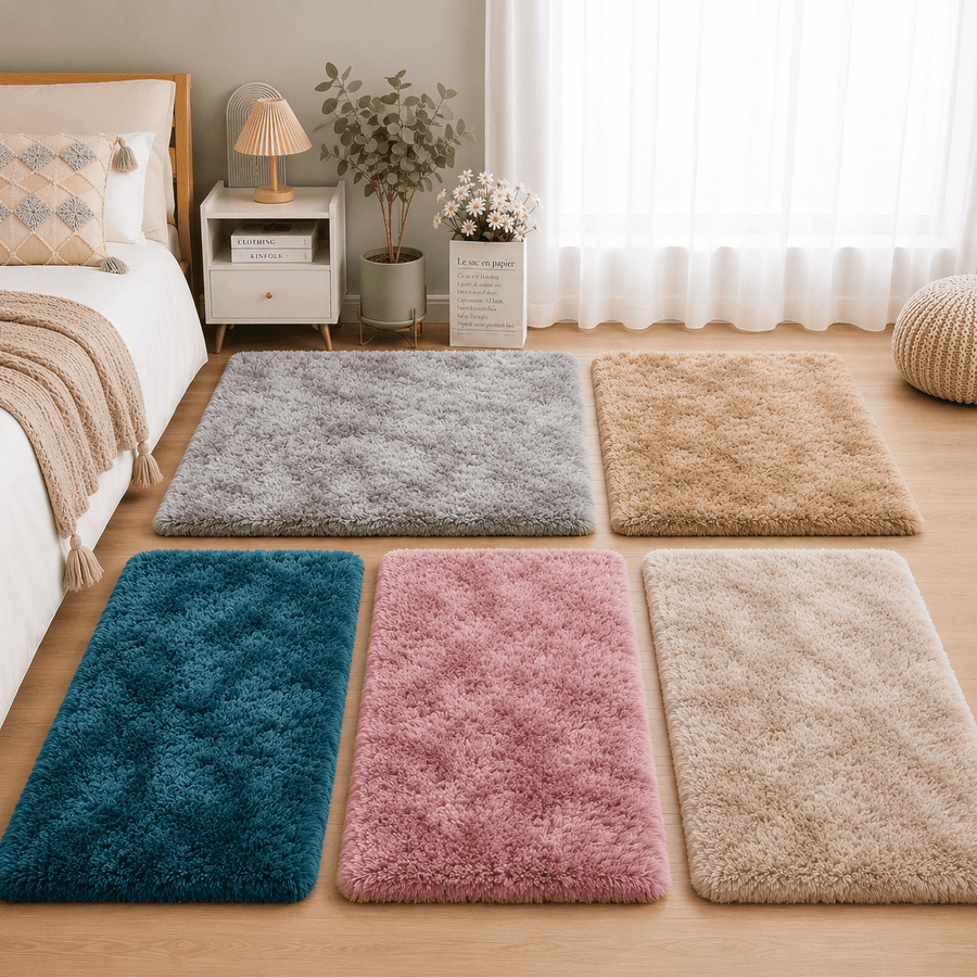 Tapis salon moelleux disponible en plusieurs couleurs bleu, rose, gris, beige et crème dans une chambre moderne et chaleureuse.