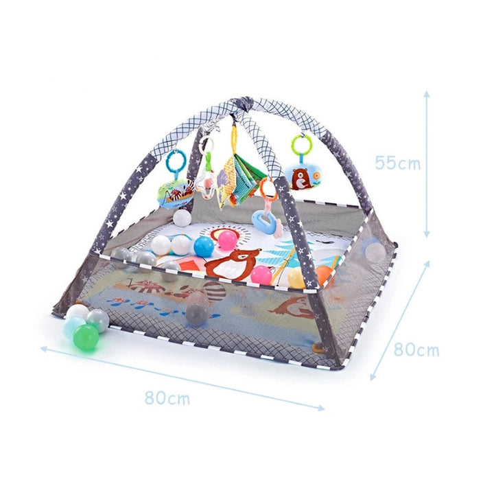 Tapis d'éveil pour bébé 80 × 80 cm avec arche de jeu grise à motifs étoilés, jouets suspendus colorés et balles multicolores.