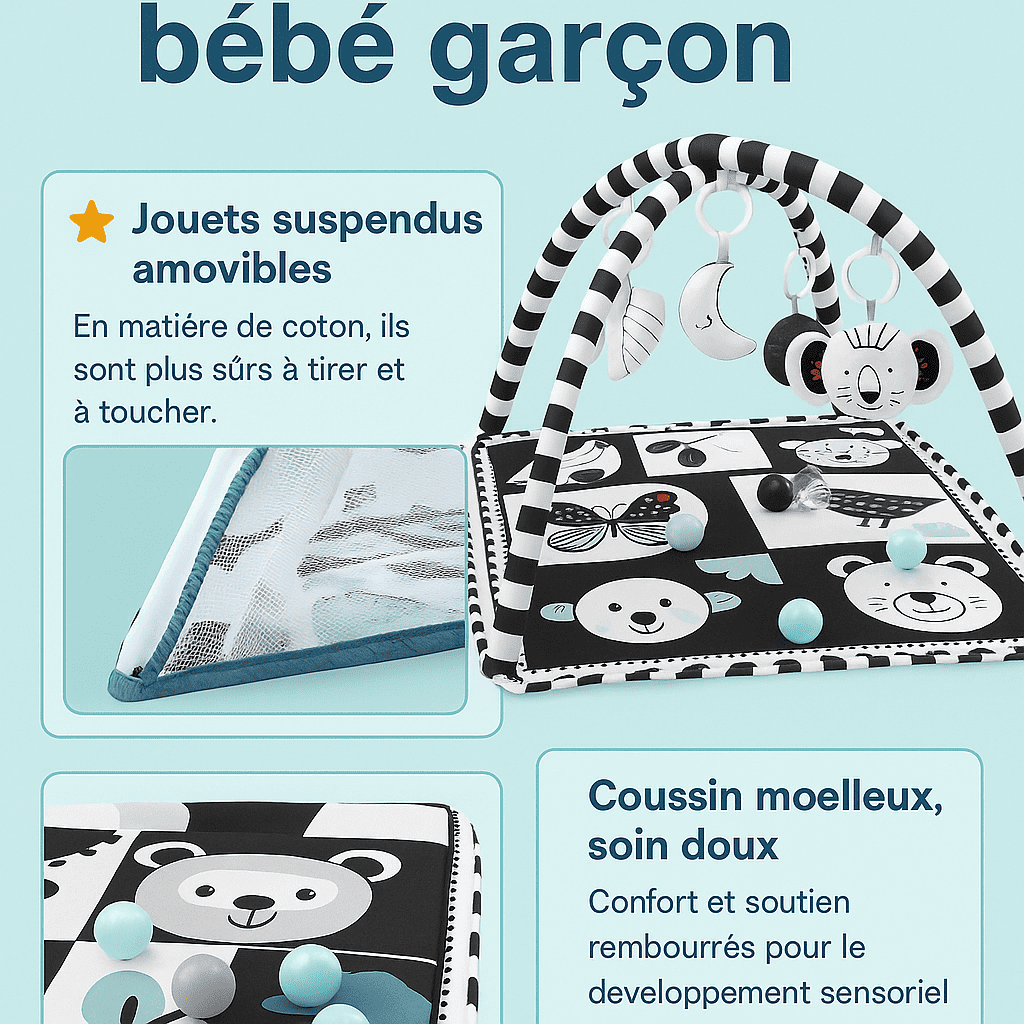 Tapis d’éveil bébé garçon noir et blanc avec jouets suspendus, barrière en maille respirante et coussin moelleux pour développement sensoriel et sécurité.