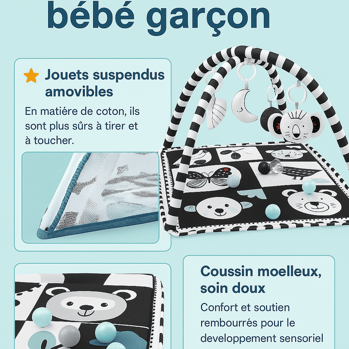 Tapis d’éveil bébé garçon noir et blanc avec jouets suspendus, barrière en maille respirante et coussin moelleux pour développement sensoriel et sécurité.