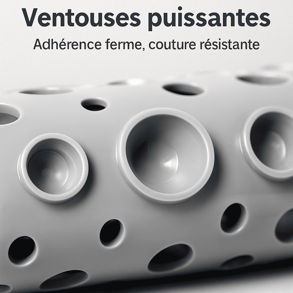 Gros plan sur les ventouses puissantes d’un tapis de bain antidérapant, montrant l’adhérence ferme du caoutchouc sur le sol.