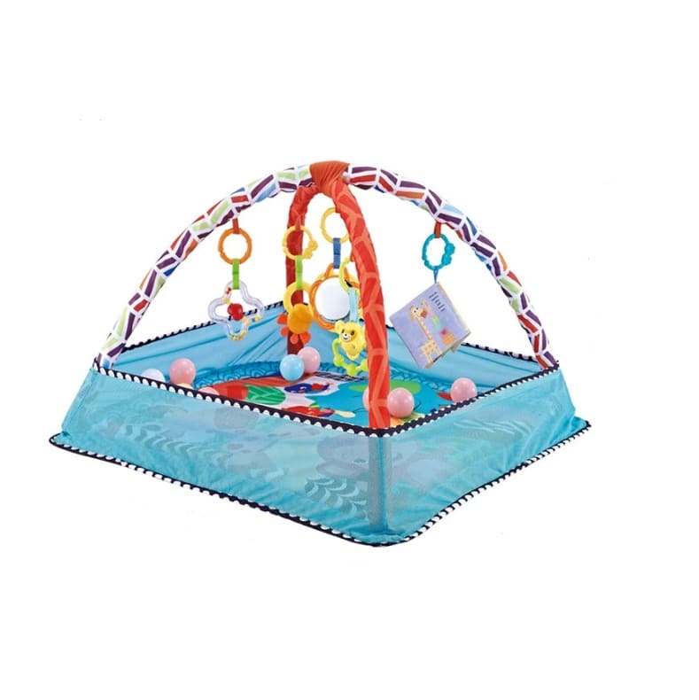 Tapis d’éveil pour bébé 80 × 80 cm bleu avec arche multicolore et jouets suspendus