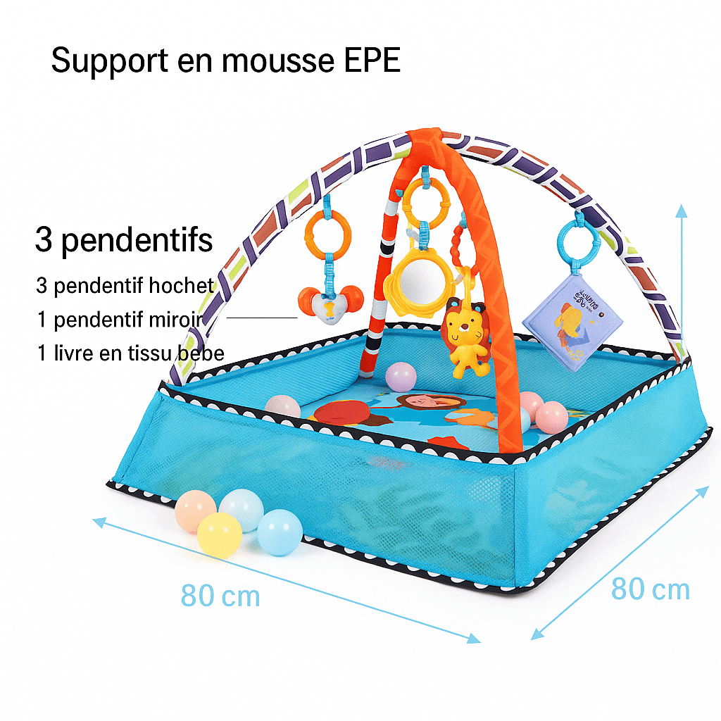 Tapis d’éveil bleu 80 × 80 cm (hauteur 55 cm) avec support en mousse EPE, arche multicolore, 5 pendentifs (3 hochets, miroir, livre en tissu) et dimensions visibles.