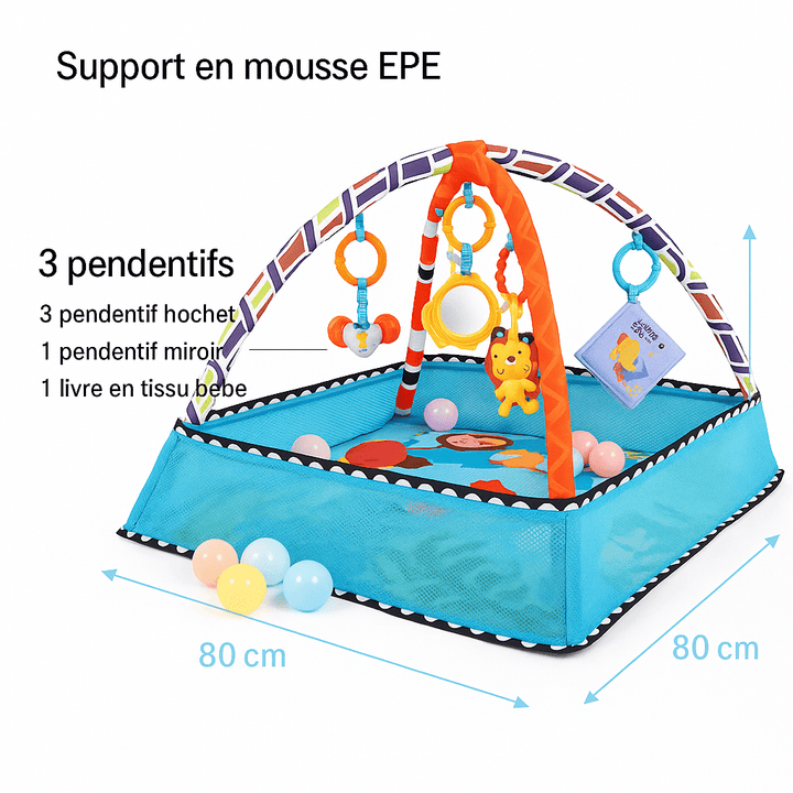 Tapis d’éveil bleu 80 × 80 cm (hauteur 55 cm) avec support en mousse EPE, arche multicolore, 5 pendentifs (3 hochets, miroir, livre en tissu) et dimensions visibles.