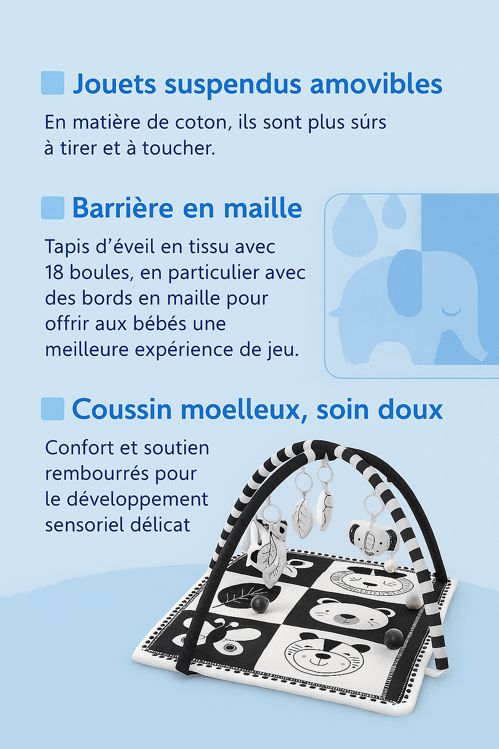 Graphique du tapis d’éveil bébé garçon noir et blanc avec jouets suspendus, barrière en maille et coussin moelleux pour stimulation sensorielle.