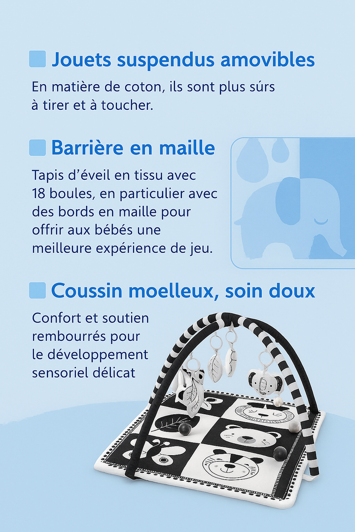 Graphique du tapis d’éveil bébé garçon noir et blanc avec jouets suspendus, barrière en maille et coussin moelleux pour stimulation sensorielle.