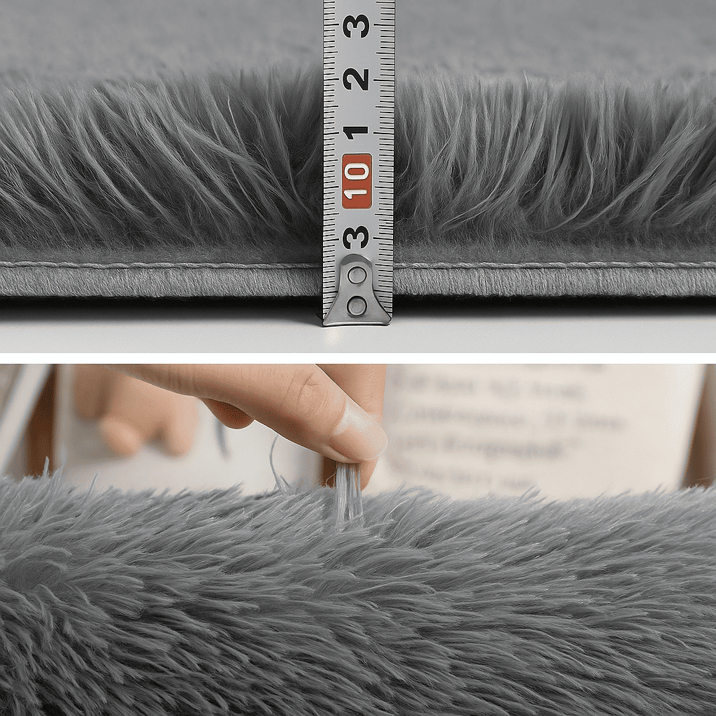Main mesurant l’épaisseur d’un tapis gris moelleux en polyester, parfait pour un salon cosy et moderne.